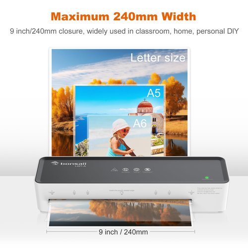 Bonsaii Laminator Machine with 5 Laminating Sheets, 9 Inch Thermal Laminating Machine for Doc/Posters/Photos, Compact Laminator for Home Office School, L421-Grey