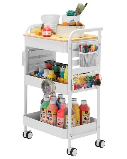 Art Cart with Tabletop & Pegboard - 3-Tier Rolling Utility Cart with Wheels, 2 Baskets & 6 Hooks - Metal Storage Organizer for Home, Office, Crafting & Kids’ Art Supplies (White)