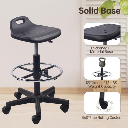KLASIKA Adjustable Height Drafting Rolling Stool - Breathable Cushion & Foot Rest | Black, Multi-Purpose Design