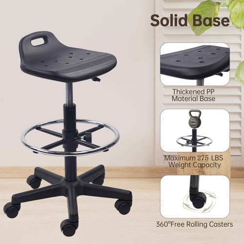 KLASIKA Drafting Rolling Stool Adjustable Height with Foot Rest Breathable Seat Cushion Swivel Stools with Wheels, Multi-Purpose Work Stool for Shop, Task, Salon, Black, 1 Pack