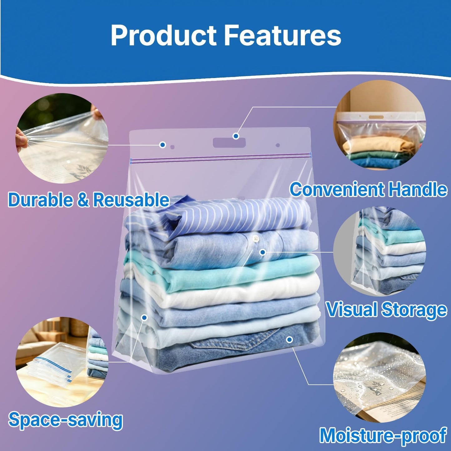 Xsourcer 5 Gallon 3 Mil Zipper Lock Plastic Bags with Handle and Expandable Bottom, 18"x24"x5.5" 6 Pack Heavy Duty Reusable Large Clear Zip Bags for Clothes, Sports, Travel, Moving