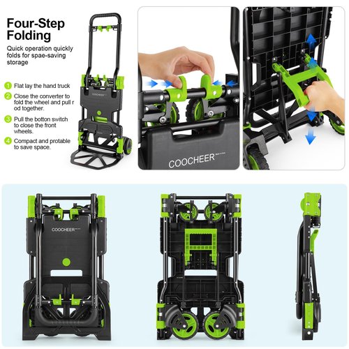 2-in-1 Folding Hand Truck Dolly 330LB Load Carrying, Hand Truck Foldable Dolly with Retractable Handle and 4 Rubber Wheels, Portable Folding Hand Cart for Moving/Travel/Office(Green)