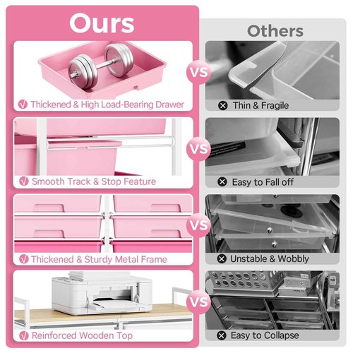 Rolling Storage Cart with 12 Drawers, Wooden Tabletop Utility Cart for Craft Storage, Art Supply Storage & Home Office Organization, Teacher Cart with Wheels for Classroom, School (Pink)