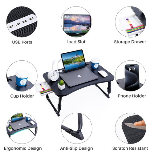 Laptop Desk for Bed, Height Adjustable Laptop Bed Table, Foldable Portable Lap Desk Stand with USB/Storage Drawer/Cup Holder/Slot, Breakfast Tray for Working Reading Writing Eating