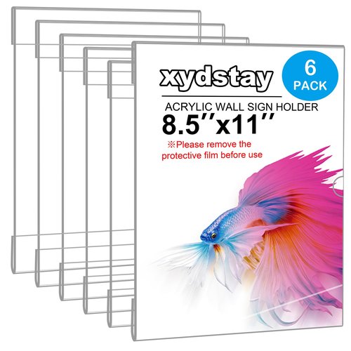 xydstay 6pack Acrylic Wall Sign Holder with Tape,8.5 X 11 Wall Mount Clear Plastic Sign Holder, Memo Document Menu Holder for Restaurant, Office, School, Store and Home Use,No Drilling