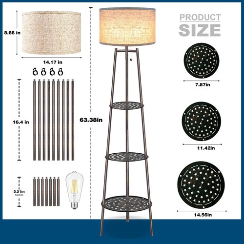ZQQLITE 2 Pack Bronze Floor Lamp with Shelves for Living Room， Standing Lamp，Tall Lamp， Amparas Elegantes para Sala with Linen Shade，Modern Floor Lamp for Living Room，Bedroom or Office（Bronze ）