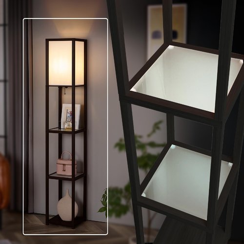 FENLO Floor Lamp with Shelves – Tall Standing Lamp with Tempered Glass Tiers – Modern Minimalist Floor Lamp for Bedroom, Living Room, or Corner – Durable Glass Shelf Lamp with LED Bulb Included