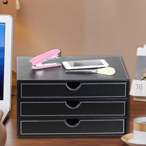 YAPISHI Leather Desk Organizer with 3 Drawers, Executive Office Supplies Desktop Filing A4 File Cabinet/Holder, Stackable Storage Box for Jewelry/Bill/Paper/Documents/Makeup Home Decor Accessories