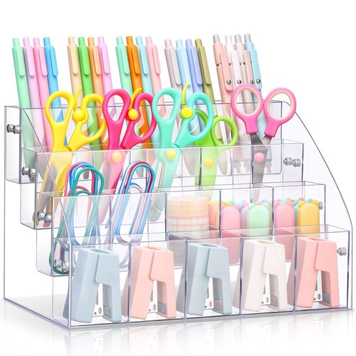 Cinnvoice Acrylic Pen Organizer Storage 20 Compartments Vertical Marker Organizer Acrylic Pen Display Holder for Office Desk Desktop Stationery Pencil Storage, 10.4 x 7.1 x 7.5 Inch