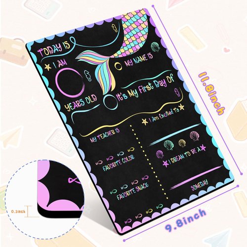 First & Last Day of School Chalkboard 10 x 12 Inch Double Sided Back to School Sign for Kids/Girls/Boys Washable Chalkboard Signs for Kindergarten & Pre-K Mermaid