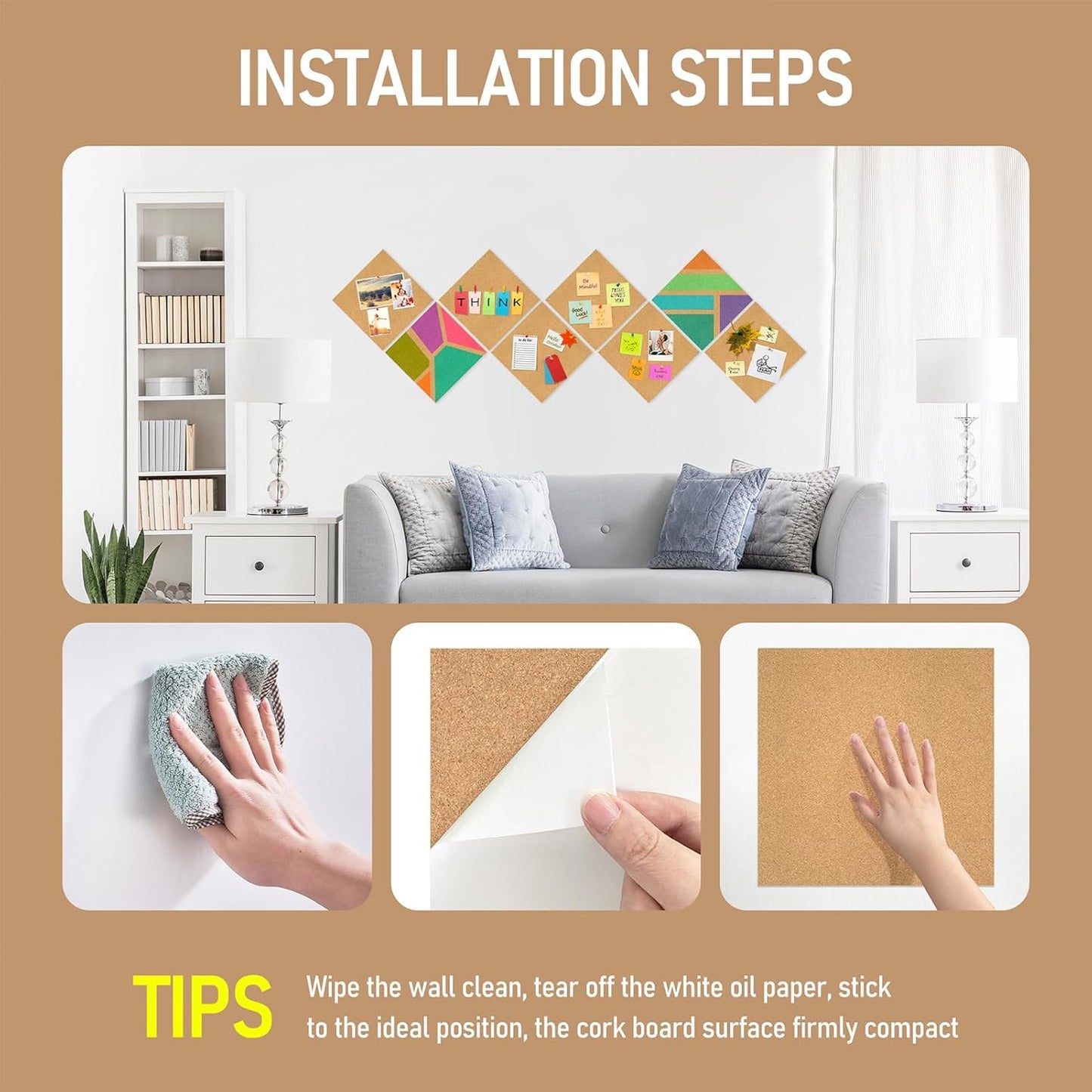 Skiennix Cork Board Tiles - 4 Pack Adhesive Corkboards for Office, School & Home Decor