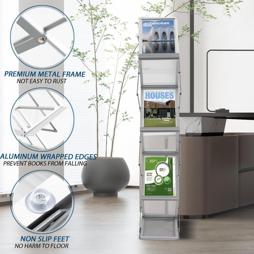 6 Pockets Aluminum Floor Standing Magazine Rack with Carrying Bag, Portable Pop-up Brochure Display Stand, Foldable Catalog Literature Display Stand, A4 Size, for Exhibition, Trade Shows, Office