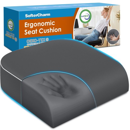 SofterCharm Seat Cushion, Memory Foam Office Chair Cushions for Long Sitting Hours, Chair Pad for Sciatica, Coccyx, Tailbone, Hip Pain & Pressure Relief, Office, Home, Car Seats,Airplane, Gray/X-Large