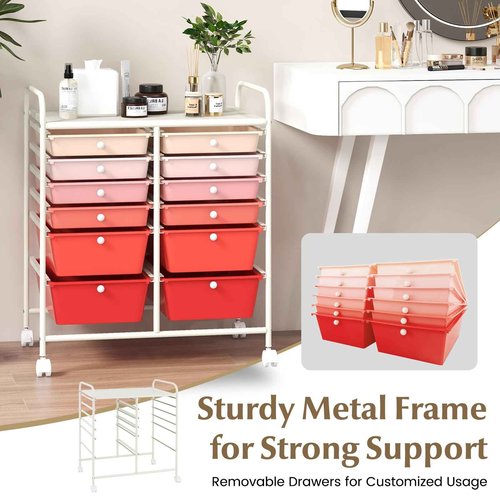 Julimoon 12 Drawer Rolling Storage Cart, Multipurpose Storage Organizer Cart with Lockable Casters, Mobile Utility Cart for Garage Office Home Kitchen (Gradient Pink), HW56500