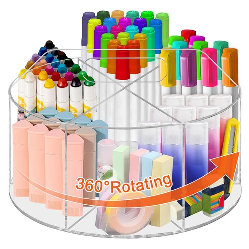 yintok Acrylic Rotating Organizer, Large Pen Organizer 360° Rotating Crayon and Marker Holder, Pen Holder with 6 Compartments, Pencil Storage Organizer with Handle for Office Home School