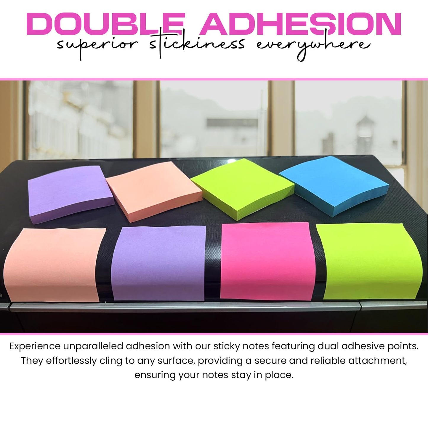 BRAINVI -Sticky -Notes -3x3 Inches - Double Adhesive Strips for Extra Hold, Bright & Colorful Pads, Perfect for -Teachers, Home & Office, 8 -Pads, 100 Sheets/Pad (8 Colors)