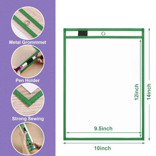 Nezyo Dry Erase Pockets Plastic Job Ticket Holders Shop Holder Order Pockets Clear Sleeves Tickets Folders Plastic Sleeves Paper Teacher Supplies for Classroom(14 x 10 in,Green,50 Pcs)