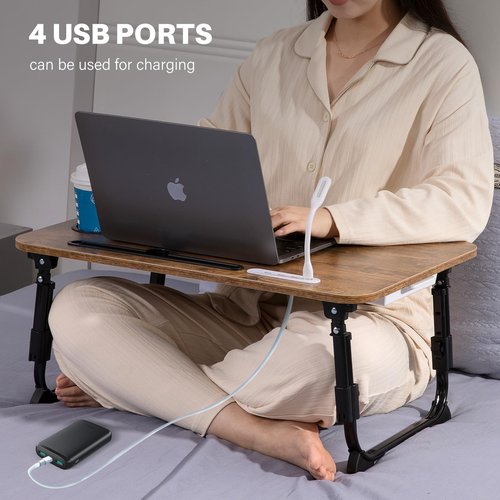 Laptop Desk for Bed, Height Adjustable Laptop Bed Table, Foldable Portable Lap Desk Stand with USB/Storage Drawer/Cup Holder/Slot, Breakfast Tray for Working Reading Writing Eating