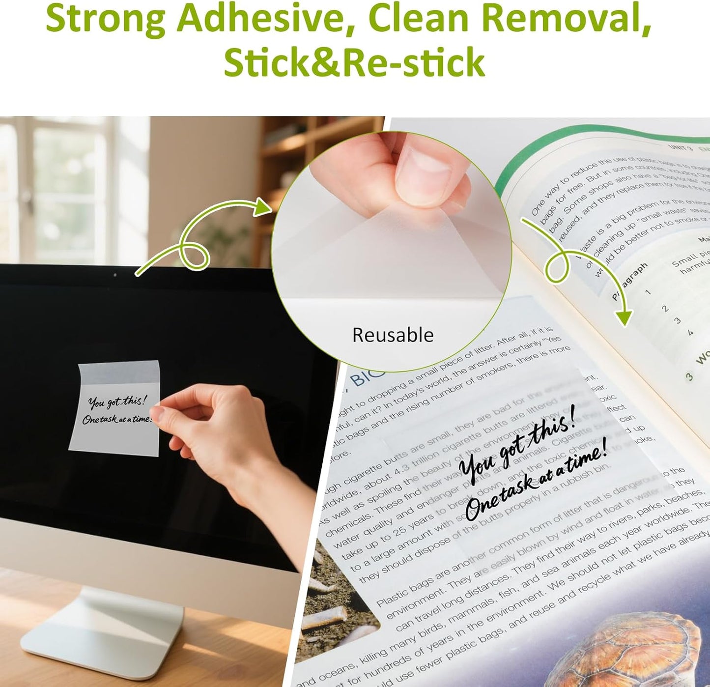 (3 Sizes 9 Pads 450 Sheets) Transparent Sticky Notes for Bible Study, Book Annotation & Office,College Supplies- Clear Sticky Notes, Repositionable, Strong Adhesive