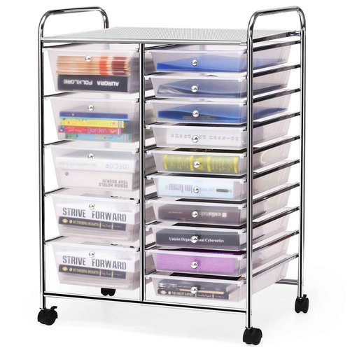 HOMGX Storage Cart with 15 Drawers, 15 Drawer Organizer Trolley, 15 Tiers Storage Trolley, File and Debris Storage Cart, Rolling Drawer Cart for Office and School (Clear)