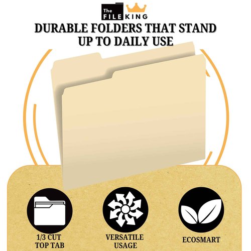 The File King 1/3 Cut File Folders Letter Size - 100 Pack | Manilla Folders 8.5 x 11 | Assorted 3 Tabs | Heavy Duty 11-Point Fiber | Made in USA | Undercut Front for Easy Labeling & Organization