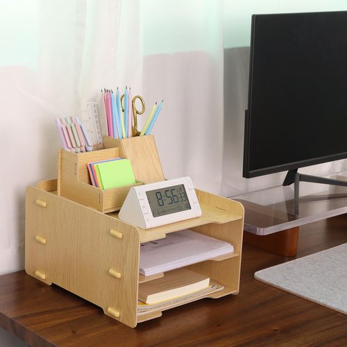 Buqoo Wooden Desk Organizer Set, Desktop File Holder with Phone Stand, 3-Tier Paper Tray, Office Supplies Storage, Natural Wood