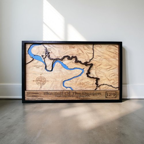 3D Wooden Topographic Map Wall Art, Tail of the Dragon, Deals Gap NC, Calderwood Lake Region, 129 Highway