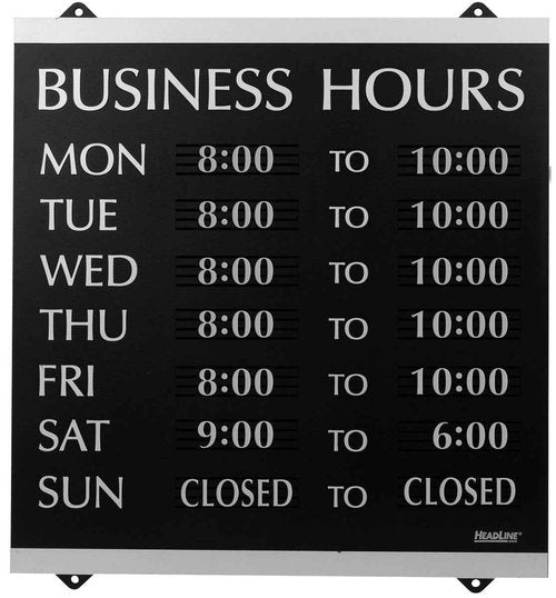 Headline Sign - Century Series, Business Hours Sign with 208-3/4" Characters, Suction Cups for Hanging, 14x13 Inch, Black and Silver (4247)