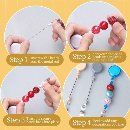 60 Pcs Beadable DIY Badge Holder Set Heavy Duty Retractable Keychain Badge Reel Clips ID Name Badge Clip with Belt Clip Blank Jewelry DIY Gift for Office Worker Doctor Nurse Employee Supplies