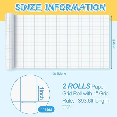 Jetec 2 Roll 1" Large Grid Graph Paper Roll 19.7 Inch x 197ft Drafting Paper for Back to School Classroom Teaching Supplies Kids Students Gifts