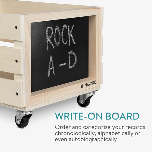 Navaris Wood Record Crate with Wheels - Vinyl Album Storage Holder Box Wooden Case with Chalkboard Sign Board - Holds up to 80 LP Records - Natural