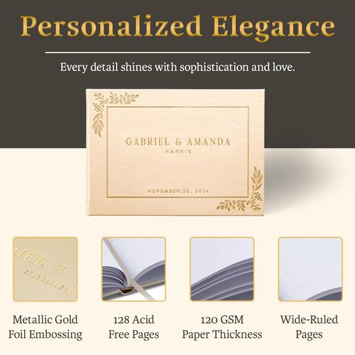 Promot Personalized Wedding Guest Book - Elegant Hardcover Guestbook for Wedding Reception, Bridal and Baby Shower, Birthday, Wedding Books Guests to Sign, Custom Embossed Text with Gold Metallic Foil