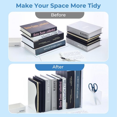 M&G Adjustable Bookends - Metal Bookends for Heavy Books | Extends Up to 20in - White Desk Organizer