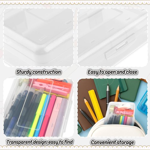 White Clear Large Plastic Hard Pencil Case Box for Girls Boys, Crayon Box for School Supplies and Office Supplies
