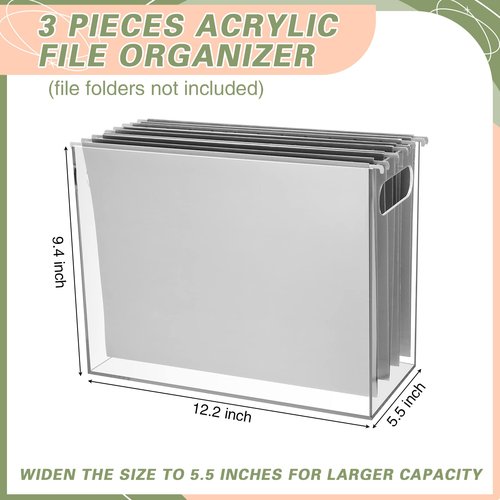 Thenshop 3 Pcs Acrylic File Organizer Acrylic Desktop File Box with Handle Hanging Folder Clear Holder Filing Box for Office Home School Letter Size Folder Storage, 12.2 x 5.5 x 9.4 Inch