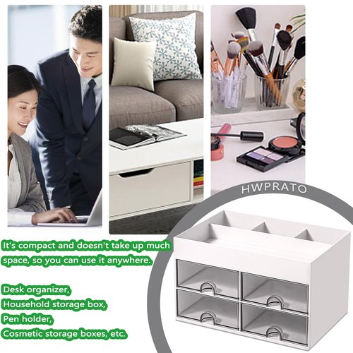 HWPRATO Cute Pen Organizer with Drawer, Multi-Functional Small Desktop Accessories Organizers, Pencil Holder for Desk Office Art Supplies (4 Drawer Desk Organizer-White)