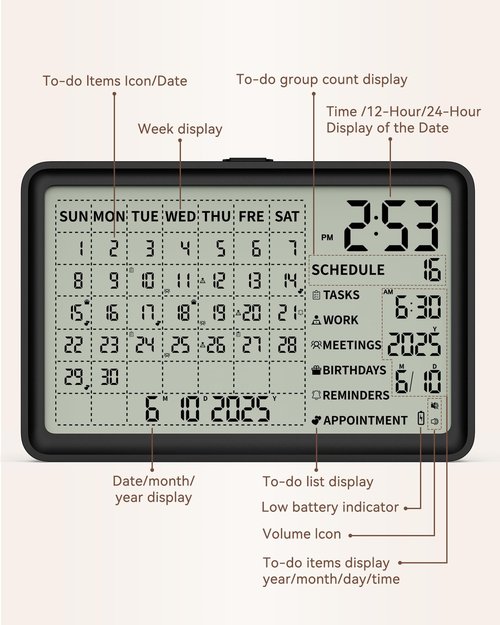 8 Inch Digital Calendar with Schedule Reminder, Multifunctional Smart Calendar Alarm Day Clock Wall & Desk Mountable, 90-Day Battery Life, Digital Planner organizer for Business Office Home School, Black