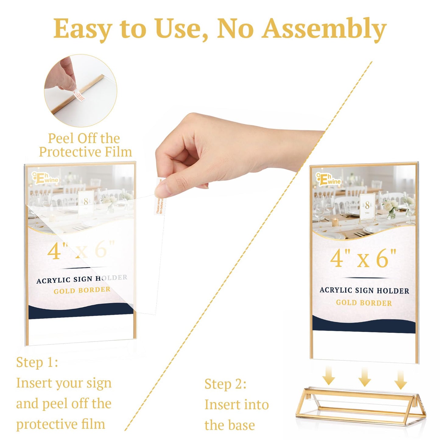 EHWINE 8 Pack 4×6 Clear Acrylic Sign Holder with Gold Borders and Vertical Stand, Double Sided Table Menu Holders Picture Frames for Wedding Table Numbers, Restaurant Signs, Photos and Art Display