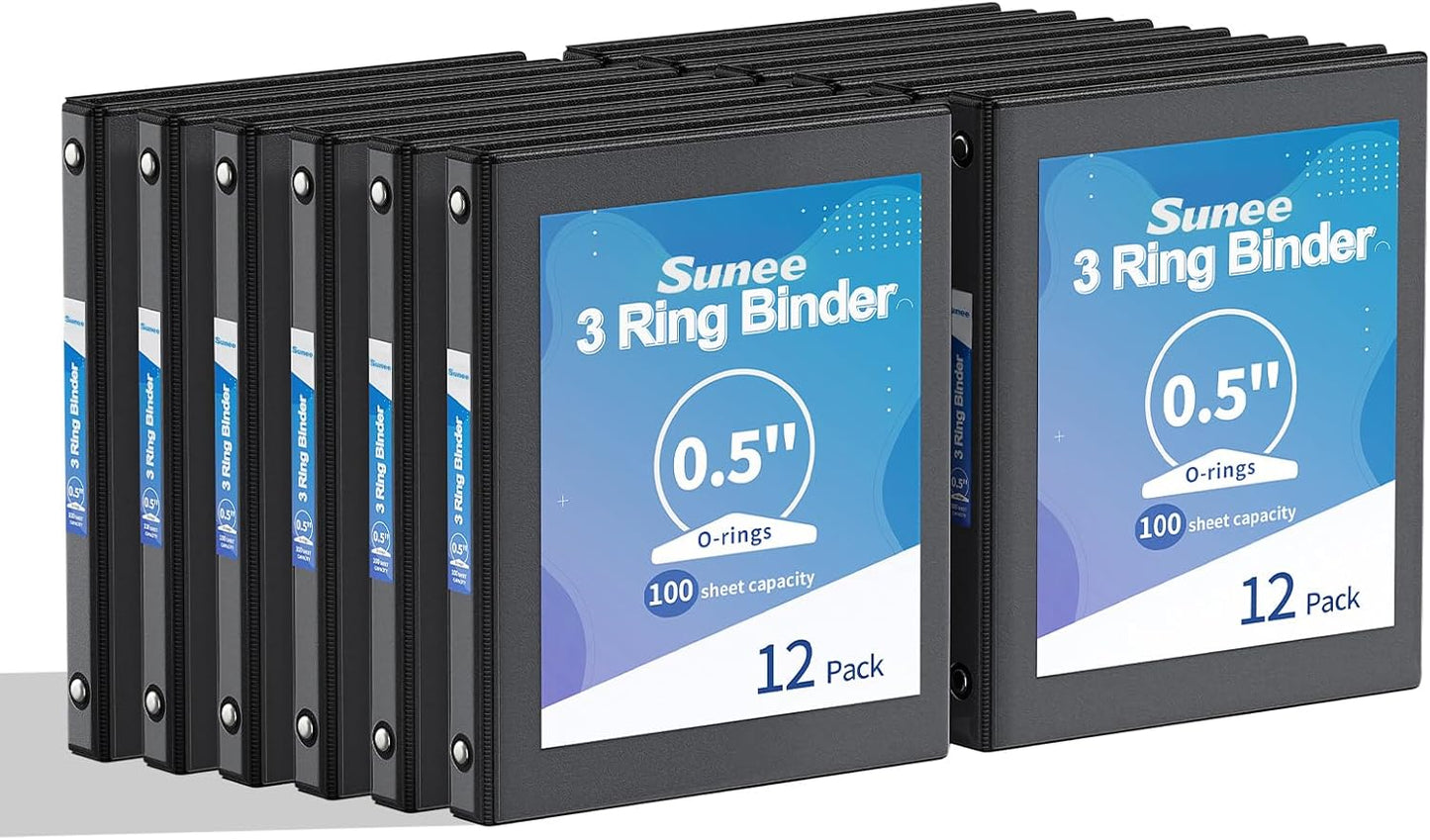 SUNEE 3 Ring Binders - PVC-Free Clear View Design | 1/2 Inch, 12 Pack for School & Office - Black