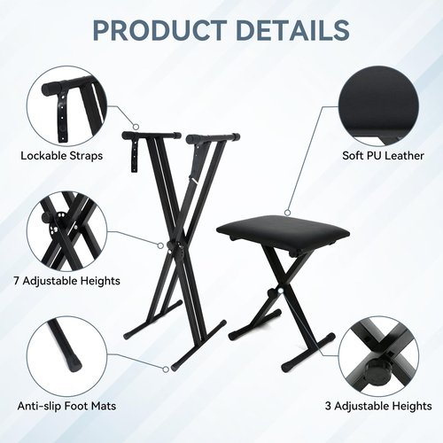 Imseigo Keyboard & Bench Set Sturdy Double-X Keyboard Stand Portable Adjustable Digital Piano Stand with Locking Straps, Keyboard Sticker, Anti-slip Foot Mats Black