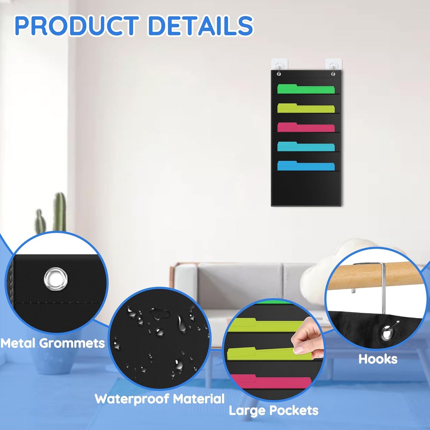 ZKOO Wall File Organizer - 5 Pocket A4/Legal/Letter Size Document Holder | Sturdy Black Design for Home & Office