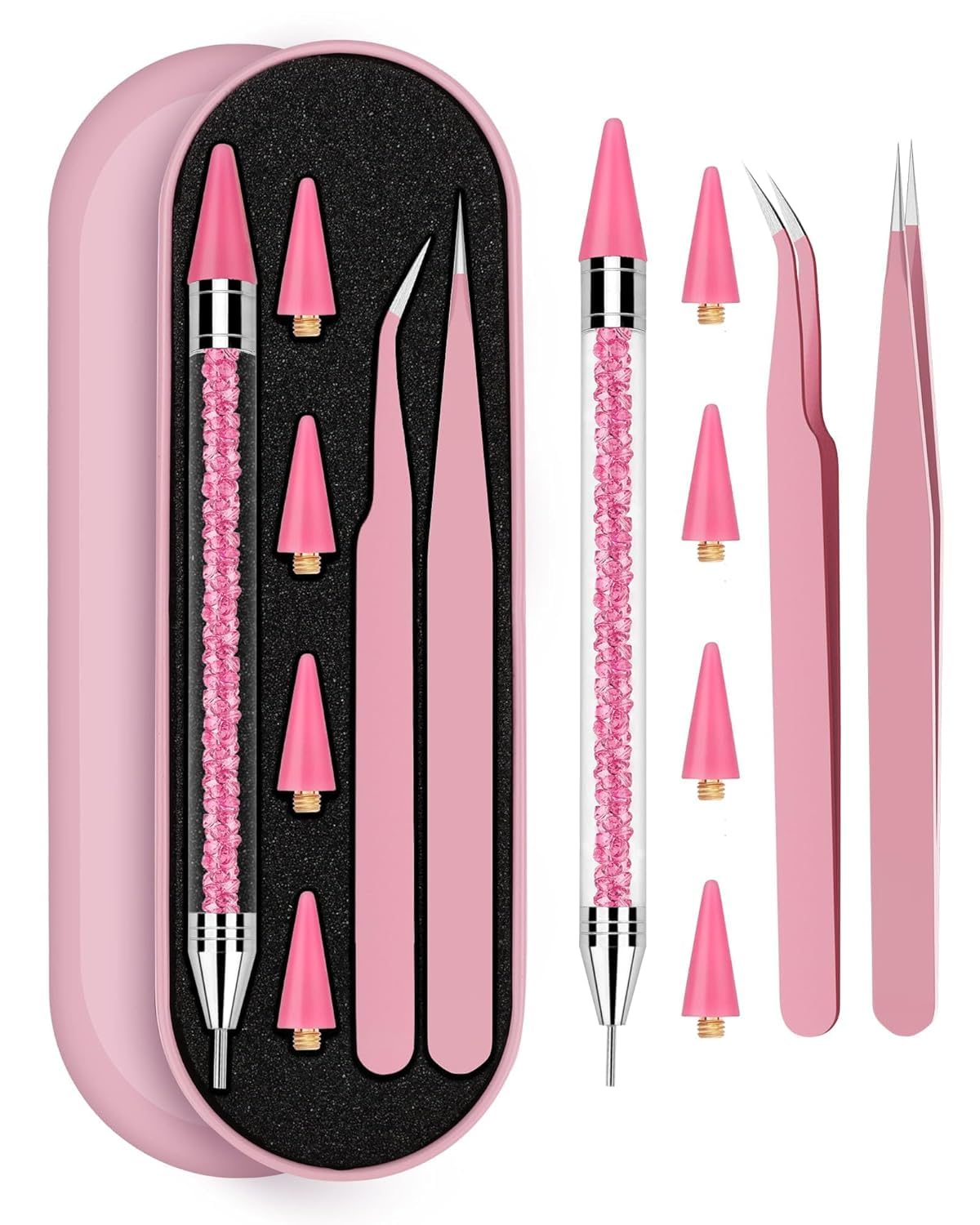 Skiennix Rhinestone Picker Tool Set - Rhinestone Applicator with 4 Pink Wax Heads & 2 Tweezers