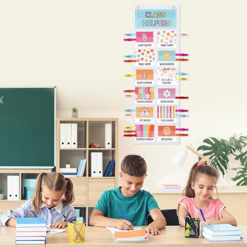 FYSUIMU Groovy Class Job Pocket Chart with Card Hook Clip Boho Back to School Classroom Helper Educational Teacher's Management for Preschool Bulletin Board Decor Supplies
