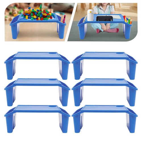 6 Pcs Kids Lap Desk Trays, Plastic Breakfast Laptop Trays with Side Pockets and Phone Slots, Portable Lap Bed Table, Breakfast Trays Serving Tray for Writing Eating Boy Girl, 19.69*9.84*7.1in (Blue)