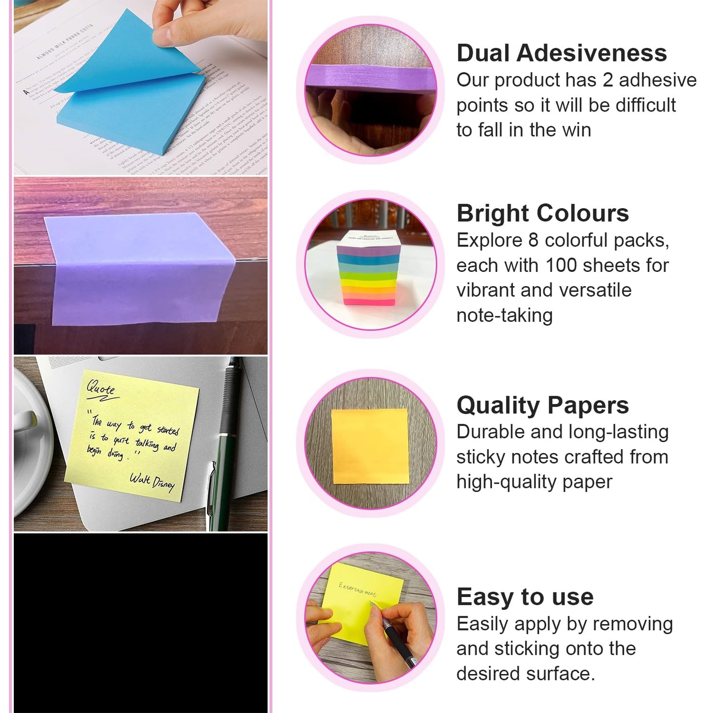 BRAINVI -Sticky -Notes -3x3 Inches - Double Adhesive Strips for Extra Hold, Bright & Colorful Pads, Perfect for -Teachers, Home & Office, 8 -Pads, 100 Sheets/Pad (8 Colors)