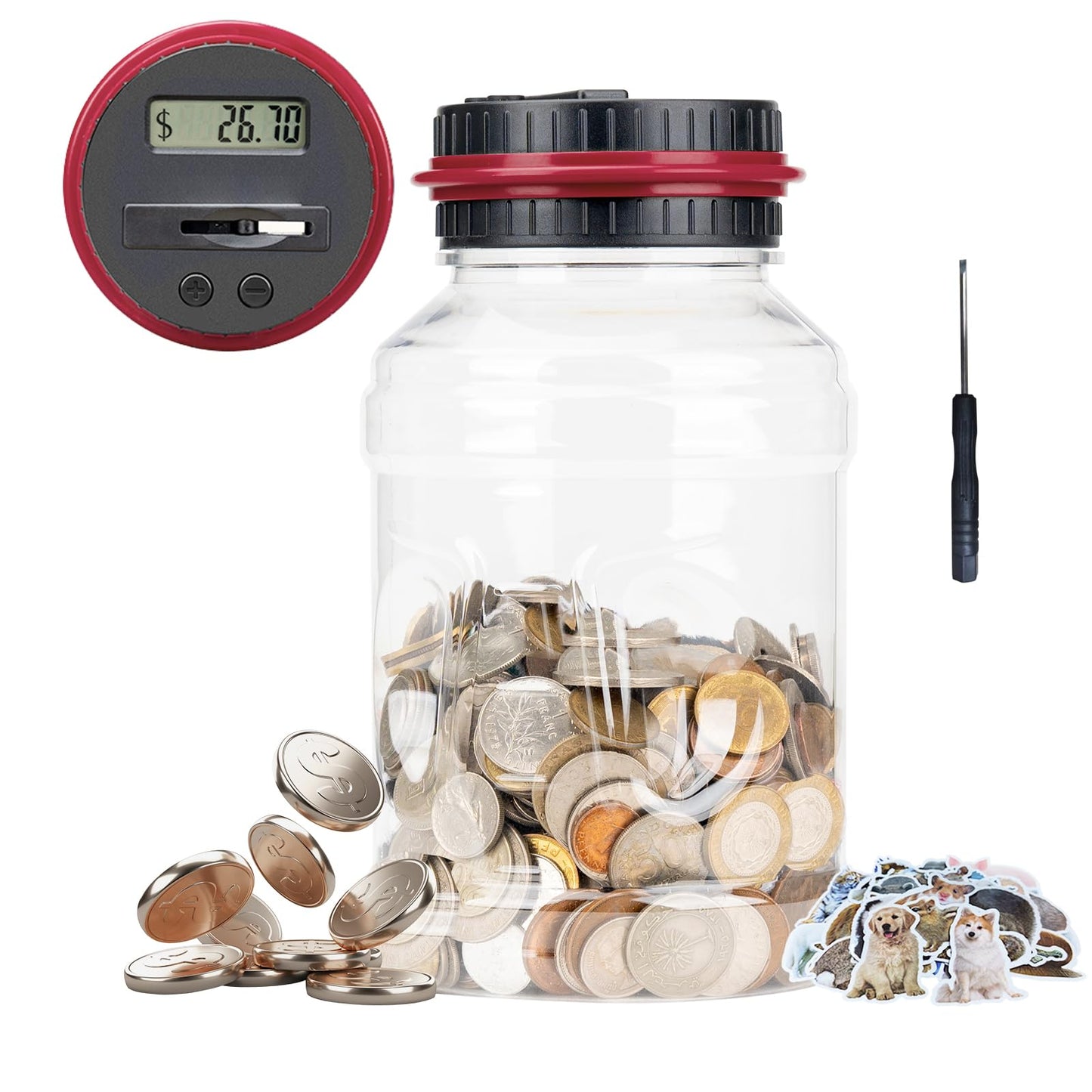 Totola Digital Counting Piggy Banks for Adults, 1.8L Capacity Coin Bank with LCD Counter Display, Transparent Money Coin Jar for Money Saving, Holds All US Coins, Ideal Gift for Boys Girls (Red)
