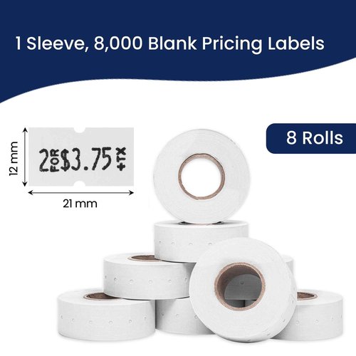 Perco 1 Line Freezer Adhesive Labels - 8 Rolls, 1 Sleeve, 8,000 Blank Price and Date Gun Labels for Perco Lite, X, Plus and Pro 1 Line Price and Date Guns - Made in USA