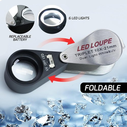 Gain Express Loupe Magnifier - 10X Jewelry Loop with White LED & UV Light for Coins, Gems, Stamps