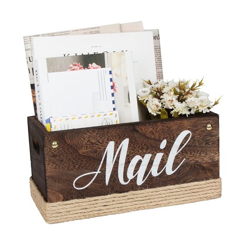 J JACKCUBE DESIGN Rustic Torched Wooden Tabletop Mail Organizer Box, Decorative Letter, Bill Storage Holder Sorter Box with Handles for Countertop, Office Desk, Entryways- MK1051A (Rustic Wood)