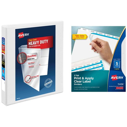 Avery Heavy-Duty View 3 Ring Binder with 1 Inch Rings, 5 Tab Easy Print & Apply Clear Label Binder Dividers, Office Supplies Set (01687)